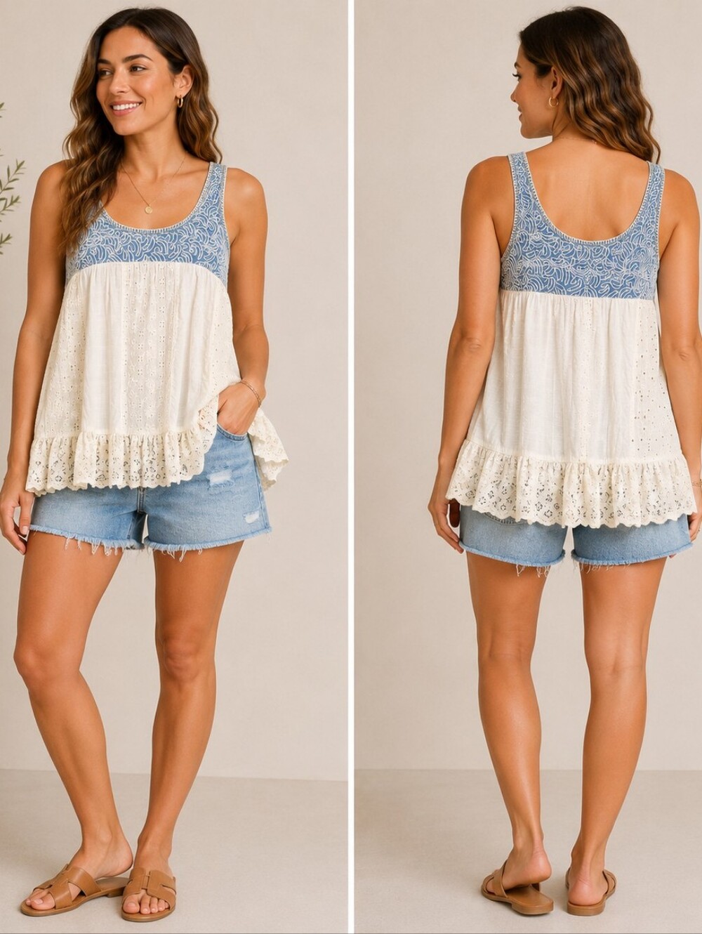 A-220 Young Threads NWT Denim Embroidered Eyelet Lace Boho Tunic Tank Medium